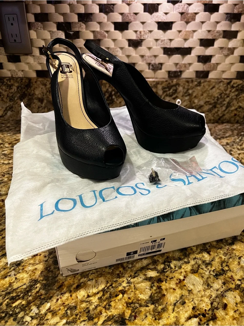 Navy Leather Platform Slingback Heels